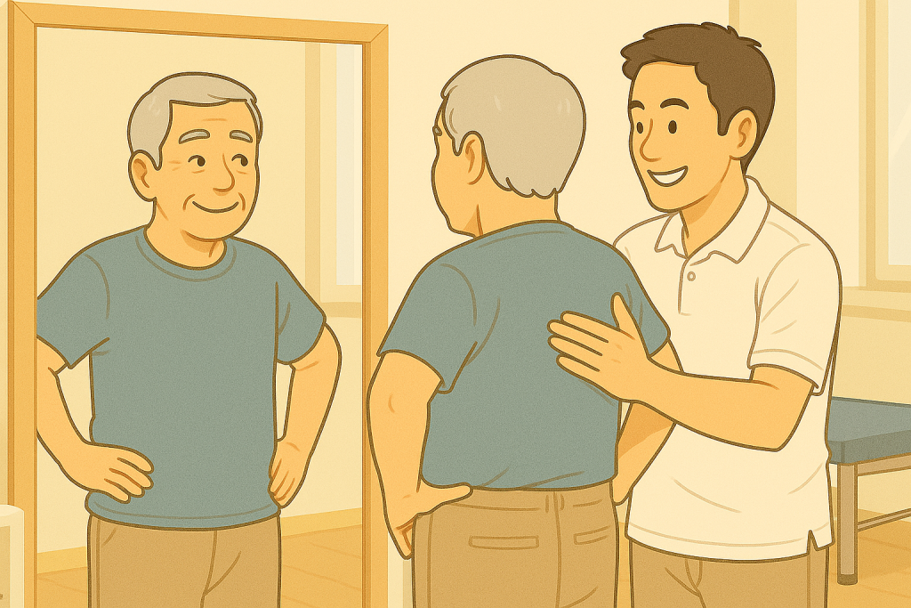 鏡で姿勢を整える